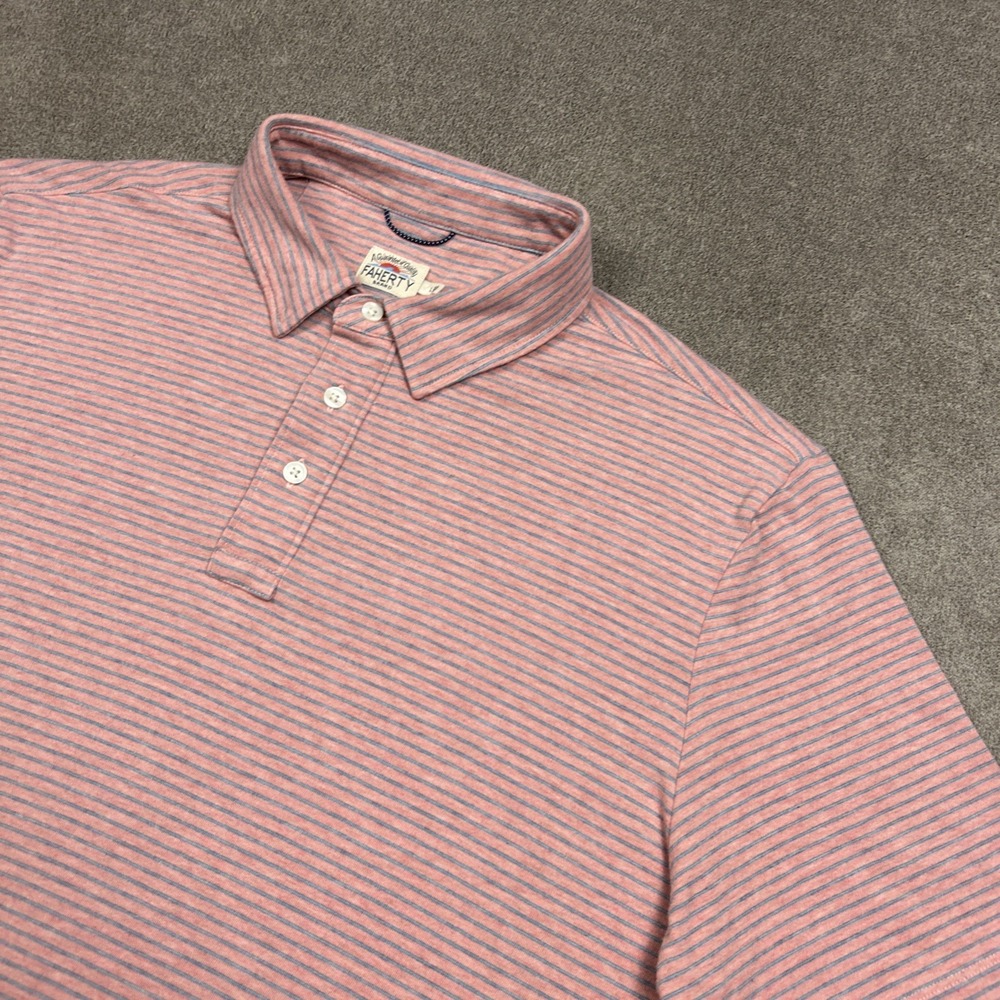 Faherty Polo Shirt Mens Large Pink Blue Striped Movement Short Sleeve Stretch